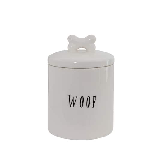 Storied Home Ceramic Dog Treat Jar with "Woof" Message and Bone Handle Lid - White